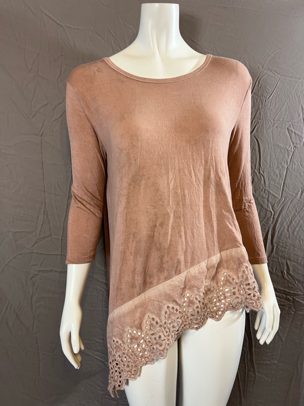 Soft Rose Asymmetric Tunic with Scalloped Eyelet Hem
